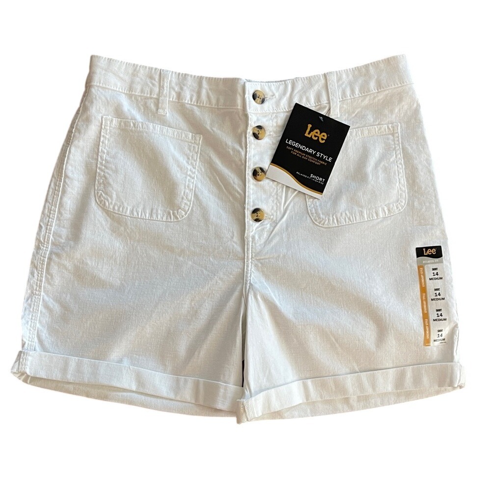 Lee Women's Crisp White Relaxed Fit High‎ Rise Shorts 14 NWT